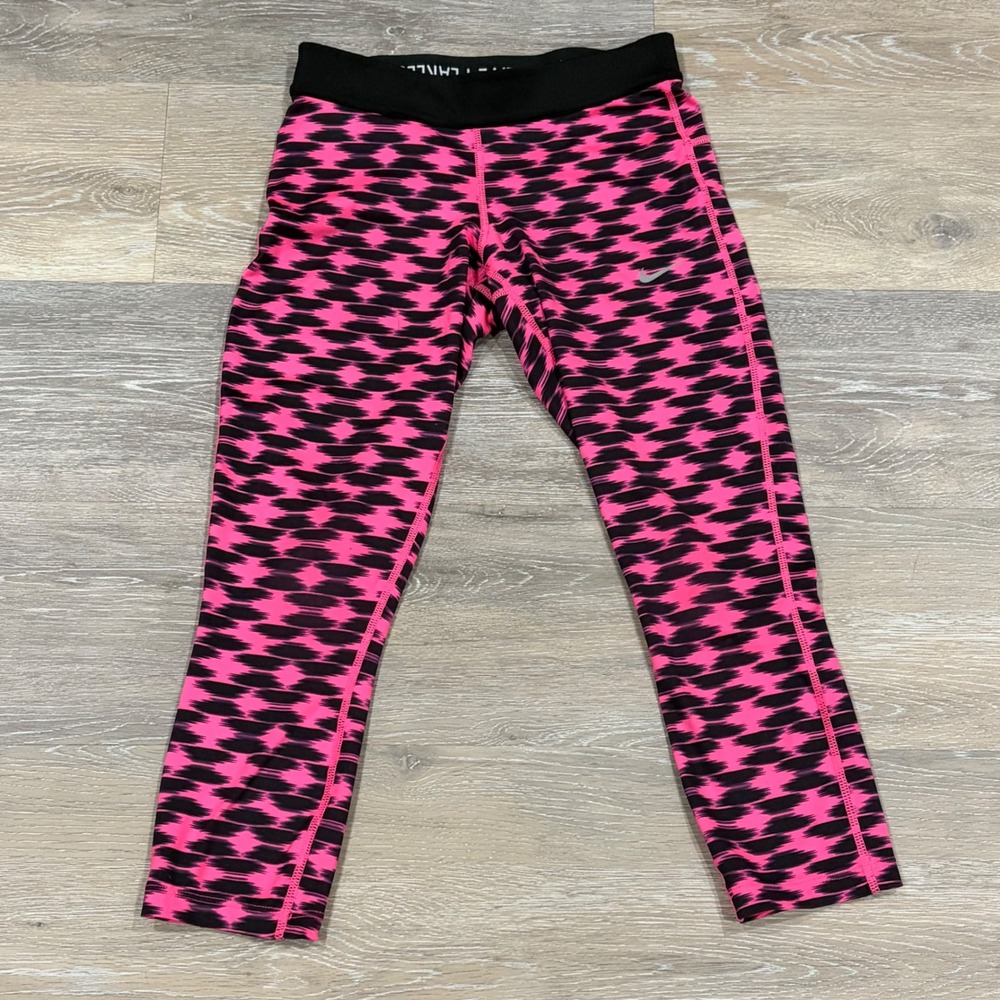 Nike Dri-FIT Womens XS Running Leggings Pink Black Geometric Crop Run Tights